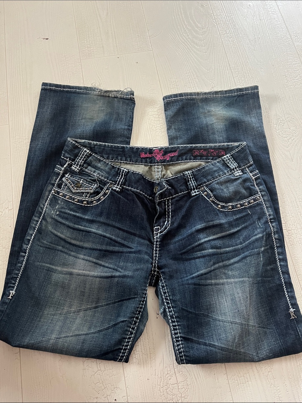 Women's Dark Blue Boot Cut Jeans with Pink Embroidered Waist